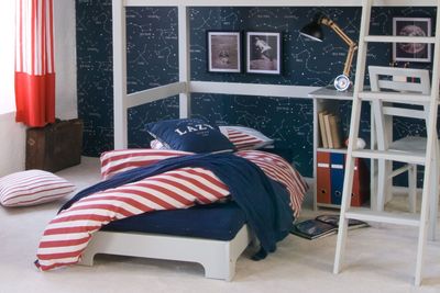 Fargo unfolded futon sleepover bed in kids bedroom under loft bed unfolded blue futon bed under loft bed in kids room