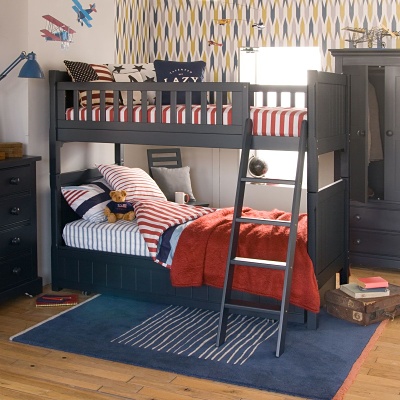 smart dark blue bunk bed in traditional boys bedroom 