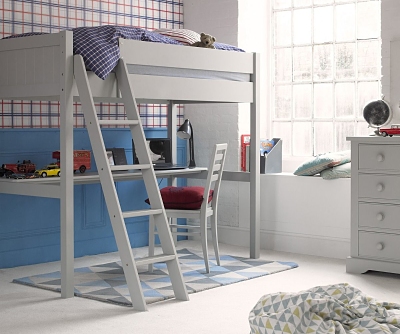 high sleeper bed in tartan and blue bedroom 