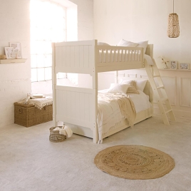 white boho bunk bed in bedroom, white, cream, rattan bohemian styling 