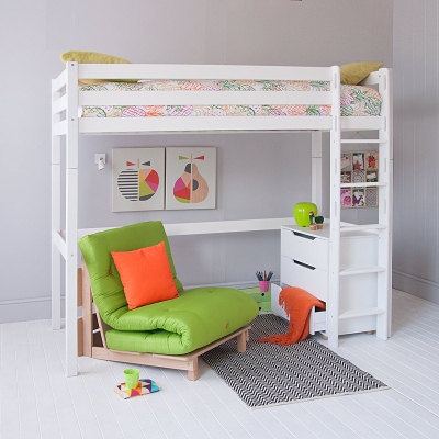 Classic loft bed in grey bedroom, tropical theme