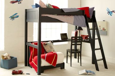Painswick Blue Fargo loft bed with futon and corner desk navy loft bed, white walls and vintage planes on walls