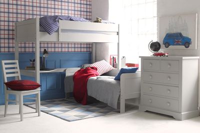 blue and tartan red and grey themed boys bedroom with high sleeper bed 