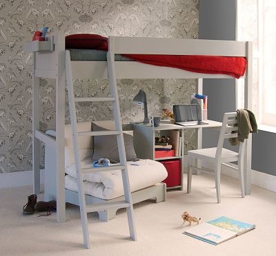 loft bed with storage desk under in red and grey dino themed room