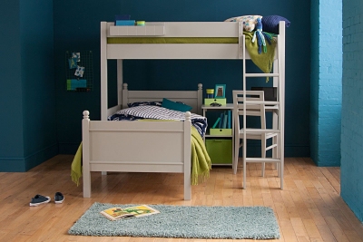 petrol blue bedroom with lime bedding and grey loft bed