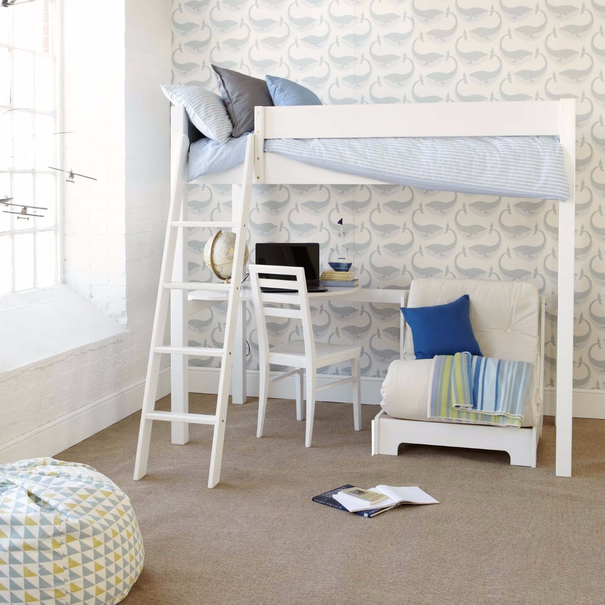 High sleeper bunk bed with desk and futon bed underneath