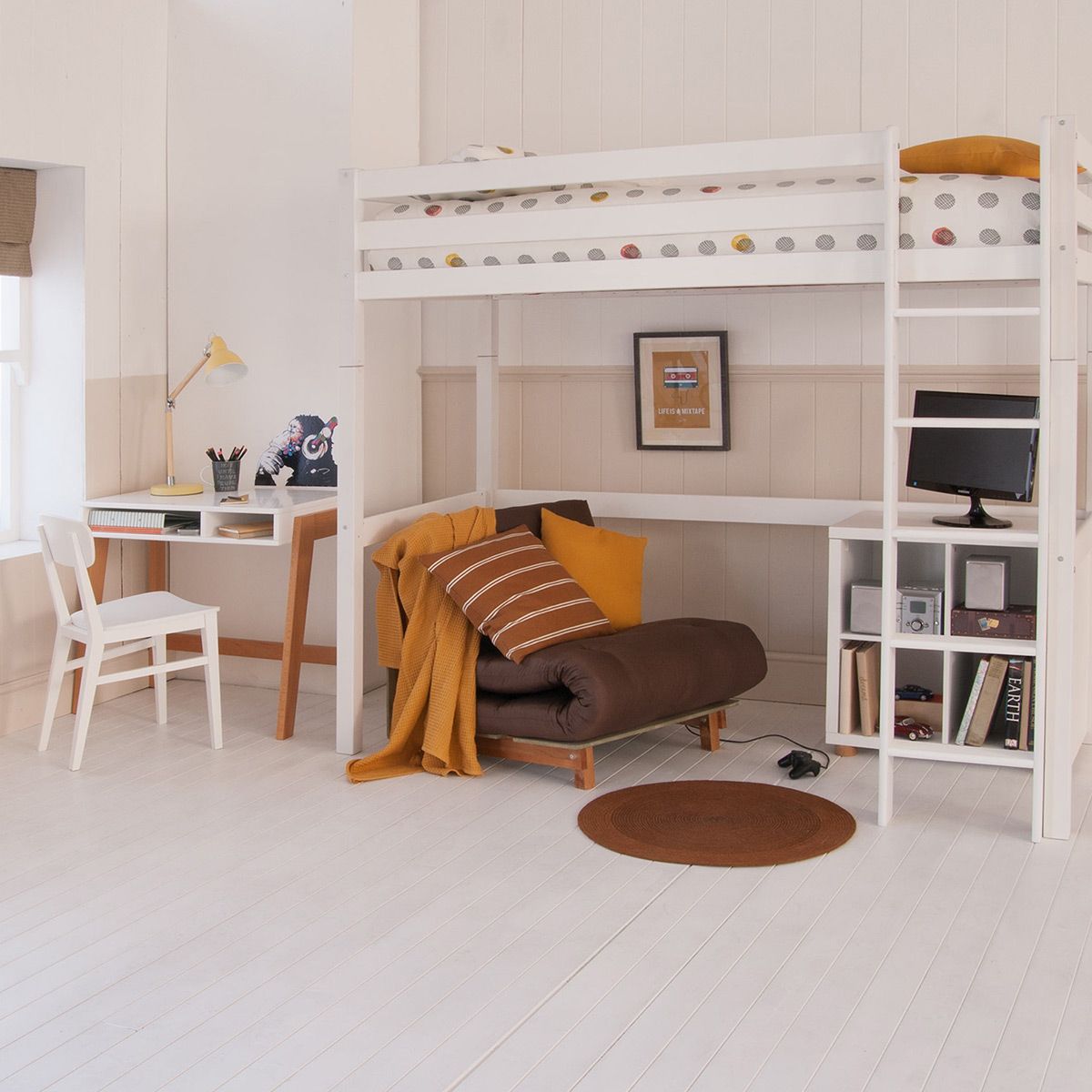 white high sleeper with bookcase, futon and desk 