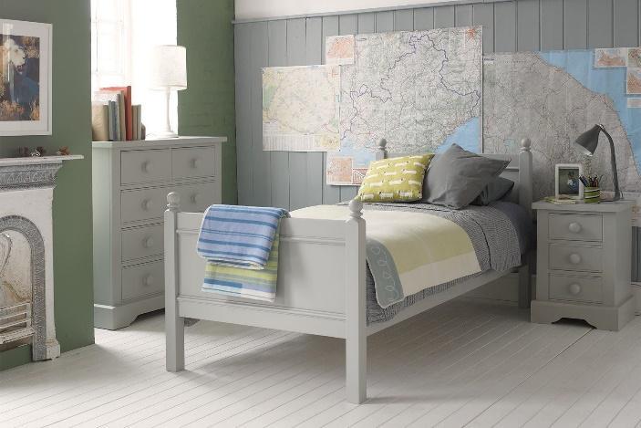 Fargo single bed in Farleigh grey, in a classic child's bedroom with T&G panelling and cast iron fireplace.