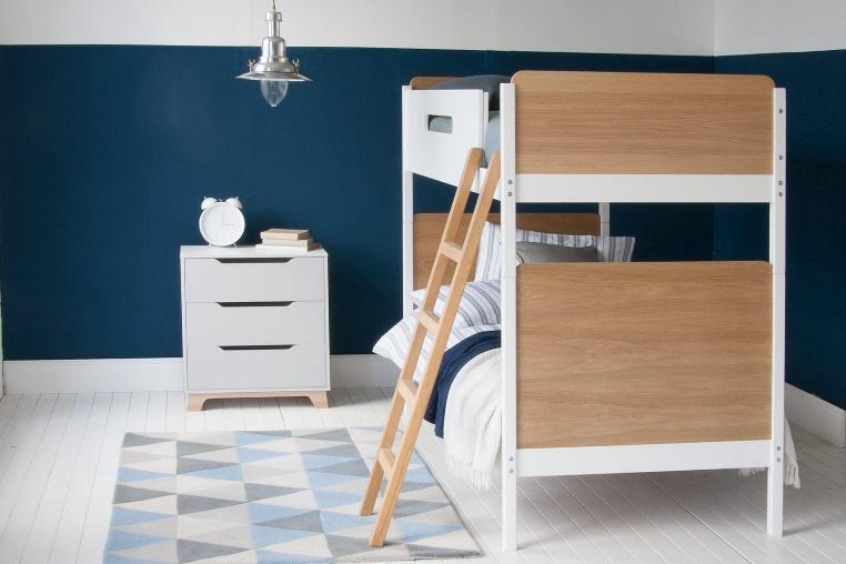 Oak and white bunk bed with rounded edges, The EDIT, fishermans industrial lamp and chest of drawers