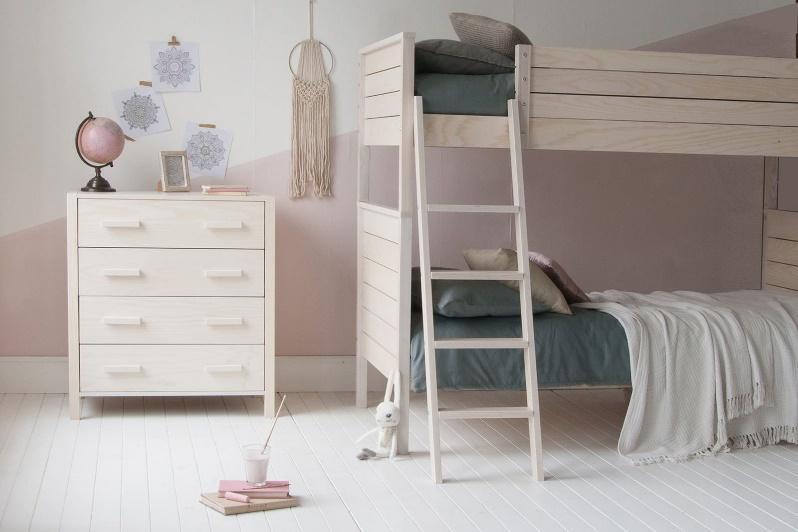 White wash ash bunk bed in bohemian style girls bedroom, dusky pink.