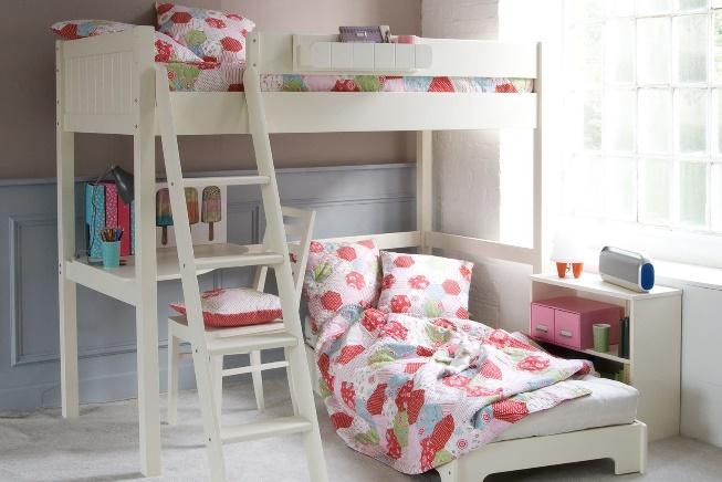 High sleeper bed with a sleepover futon bed unfolded and in use.