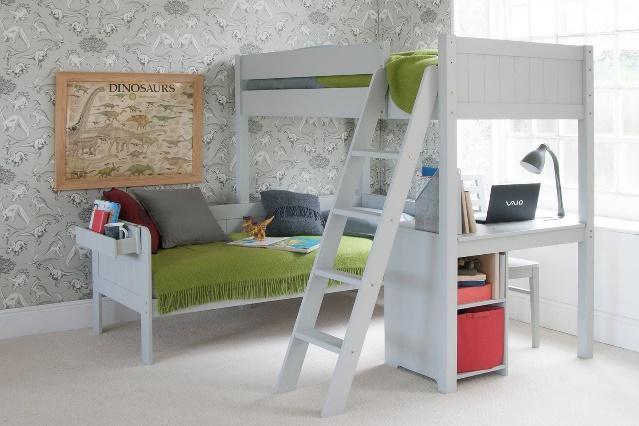 Farleigh grey Fargo high sleeper loft bed, with a sofa bed and storage desk, in a boy's room.