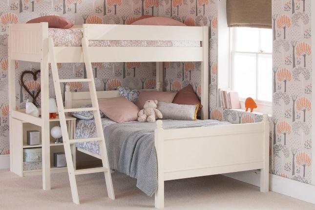 Ivory white high sleeper bed with double bed underneath, in Scandi style girls bedroom 