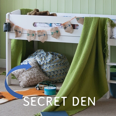 den themed mid sleeper bed with binoculars, cushions, blanket