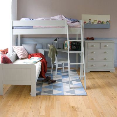 Fargo loft bed in grey with sofa bed underneath and desk, powder blue and beige bedroom with vintage transport muted vintage style bedroom with loft bed, daybed underneath grey and blue