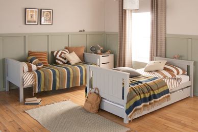shared bedroom with split down twin bunk beds, classic dove grey bedroom, little folks furniture shared twin bedroom with grey beds, green and brown panelling on walls